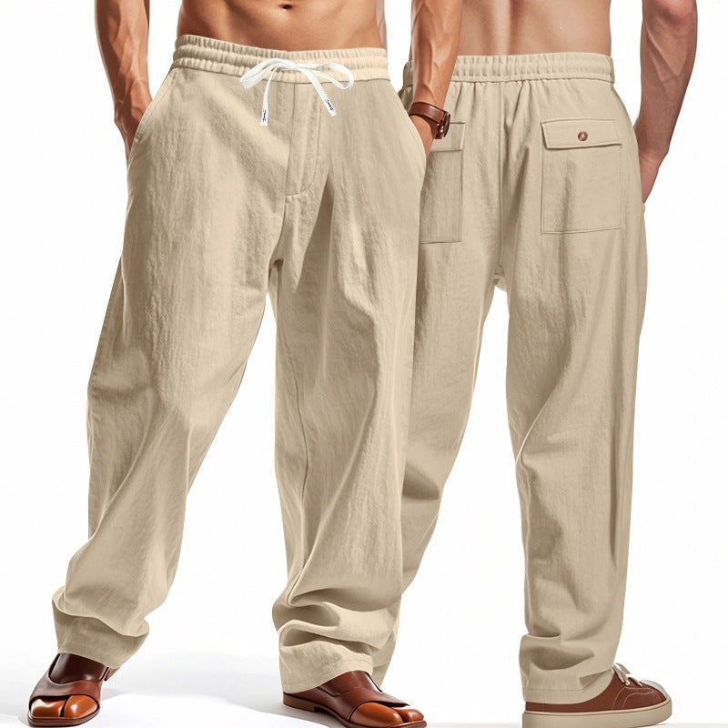 Men's Casual Solid Color Linen Straight Full Length Pants For Everyday Wear