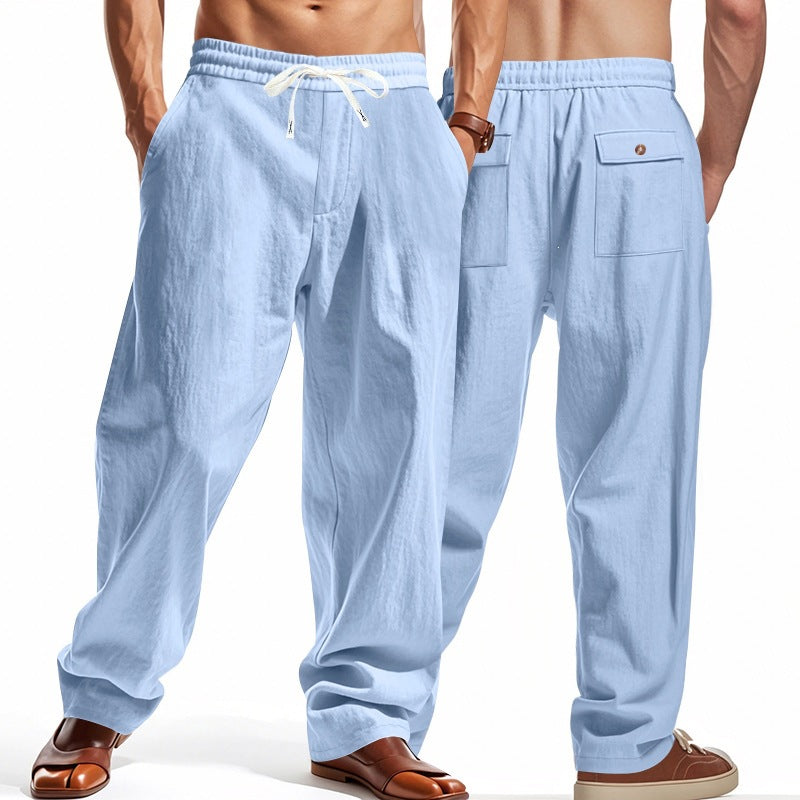Men's Casual Solid Color Linen Straight Full Length Pants For Everyday Wear