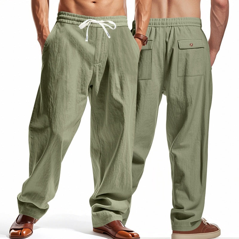 Men's Casual Solid Color Linen Straight Full Length Pants For Everyday Wear