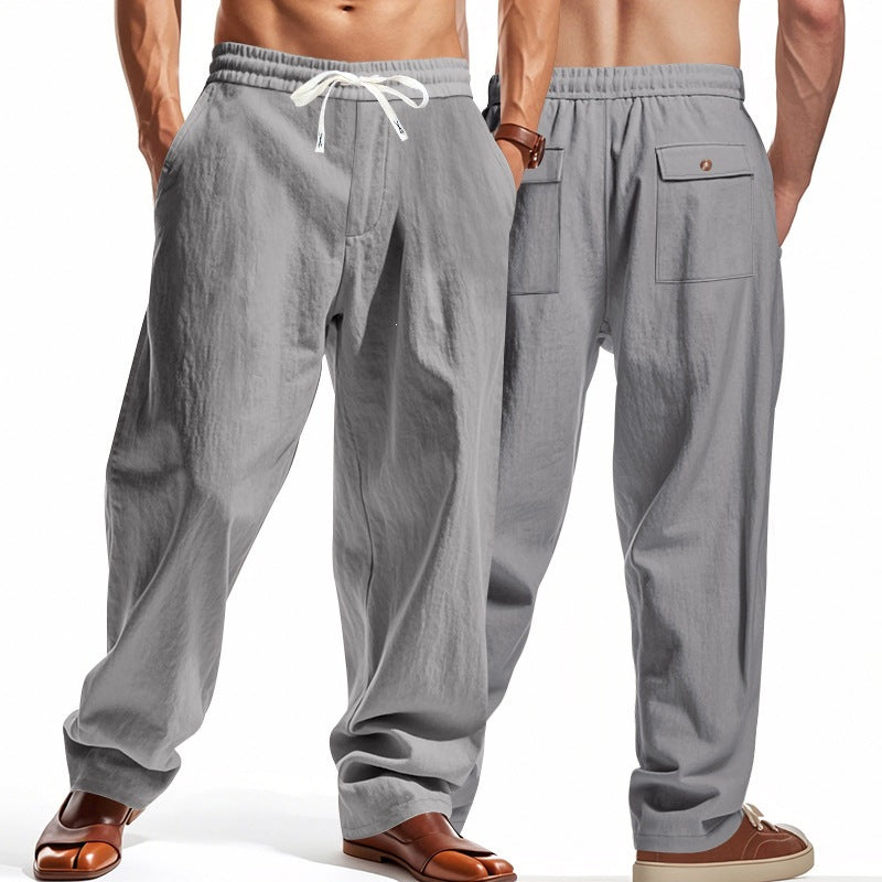 Men's Casual Solid Color Linen Straight Full Length Pants For Everyday Wear