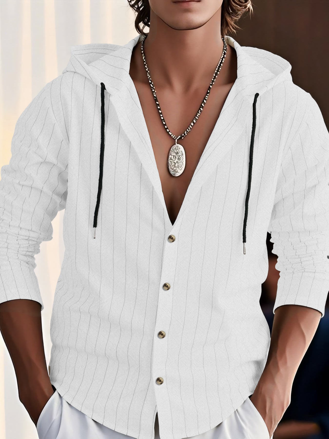 Casual Long Sleeve Linen Blouse For Men Featuring Stripe Pattern