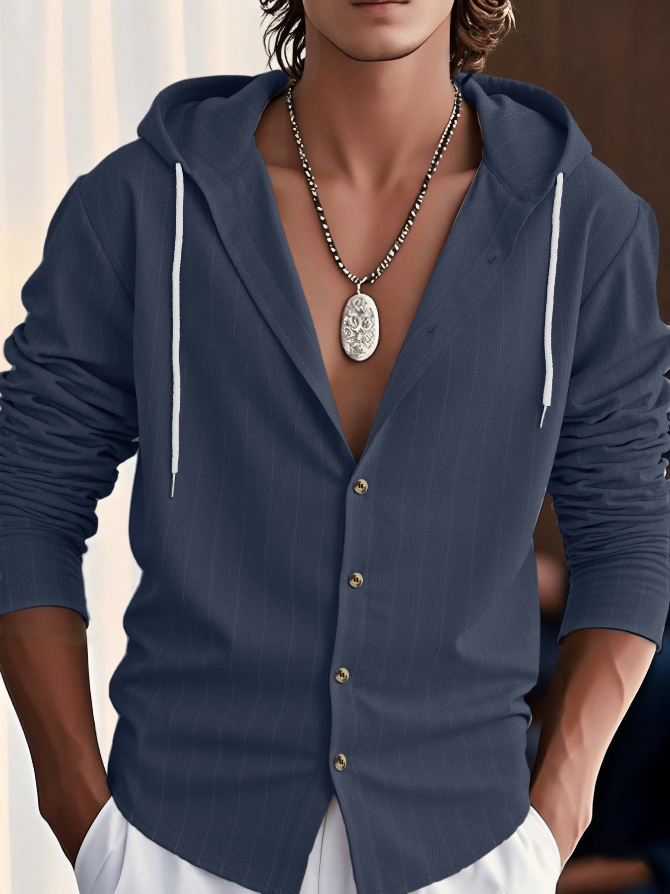 Casual Long Sleeve Linen Blouse For Men Featuring Stripe Pattern