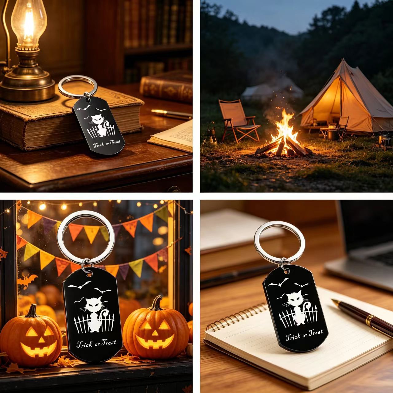 Halloween Cat Key Chain In Dyed Black Metal, Perfect Accessory For Your Keys