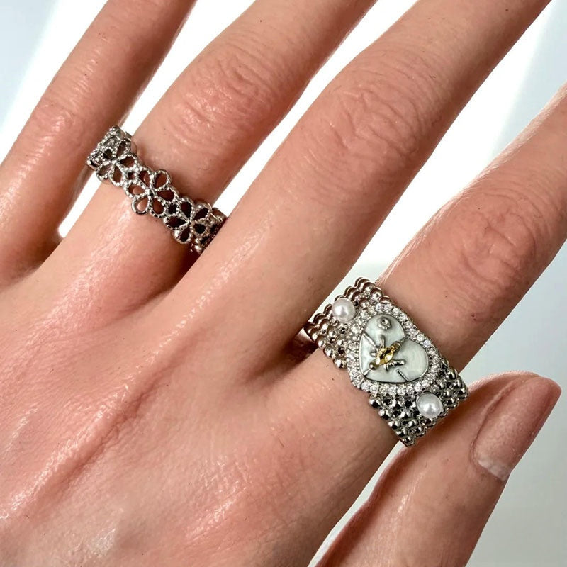 Heart Shape Wide Band Ring For Women In Silver Alloy Featuring Electroplated Finish