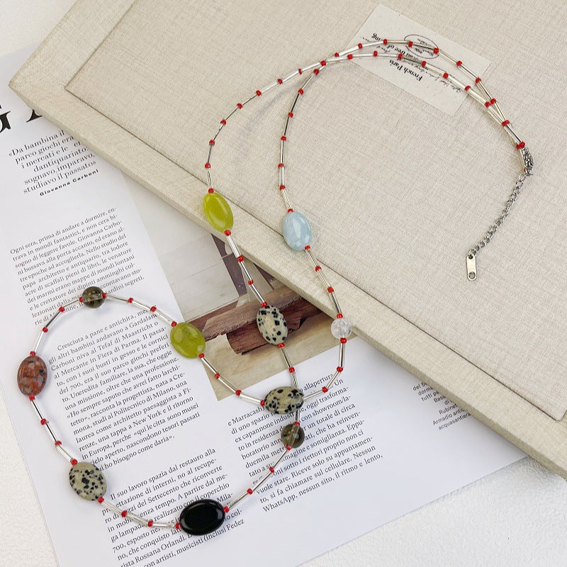 Oval Beaded Sweater Chain Necklace For Women Featuring Multicolor Natural Stone Pendant