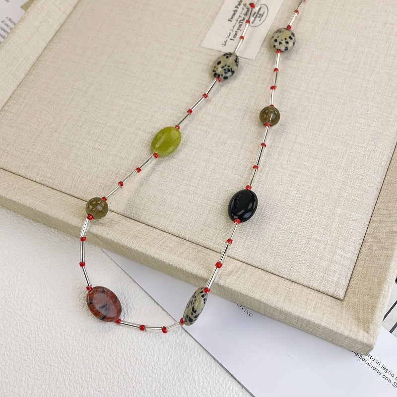 Oval Beaded Sweater Chain Necklace For Women Featuring Multicolor Natural Stone Pendant