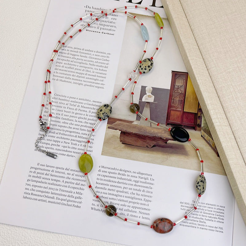 Oval Beaded Sweater Chain Necklace For Women Featuring Multicolor Natural Stone Pendant