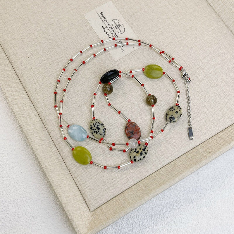 Oval Beaded Sweater Chain Necklace For Women Featuring Multicolor Natural Stone Pendant
