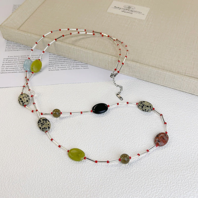 Oval Beaded Sweater Chain Necklace For Women Featuring Multicolor Natural Stone Pendant