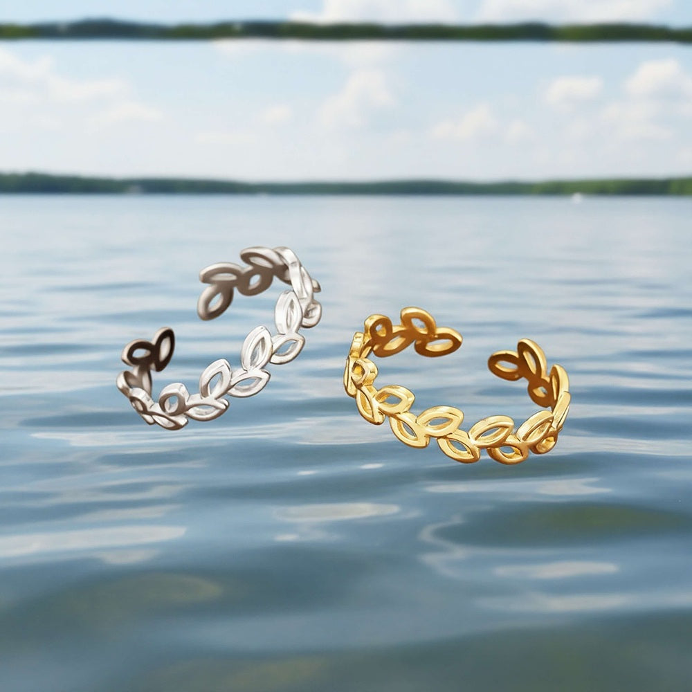 Leaves Open Rings For Women, Waterproof Non Tarnish 304 Stainless Steel With 18K Real Gold PVD Coated Plating, 0.01µm Thickness