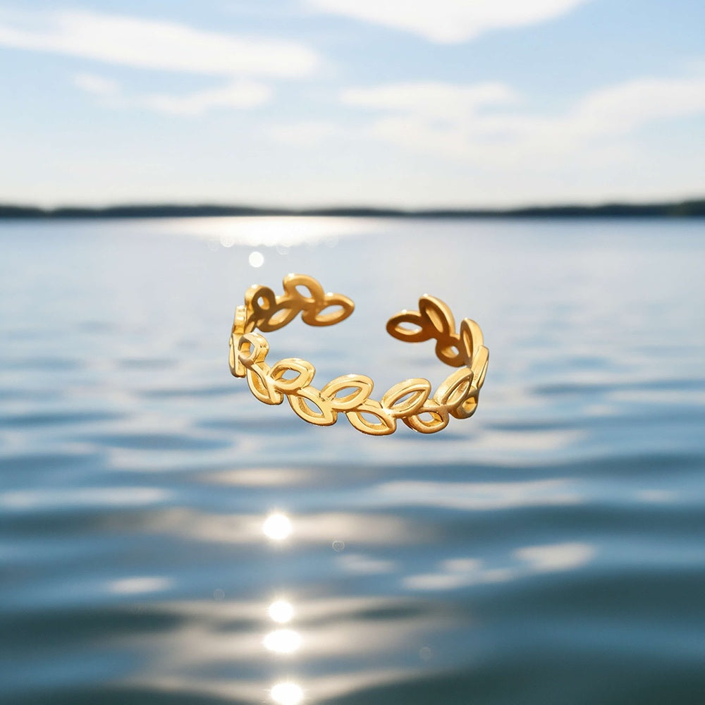 Leaves Open Rings For Women, Waterproof Non Tarnish 304 Stainless Steel With 18K Real Gold PVD Coated Plating, 0.01µm Thickness