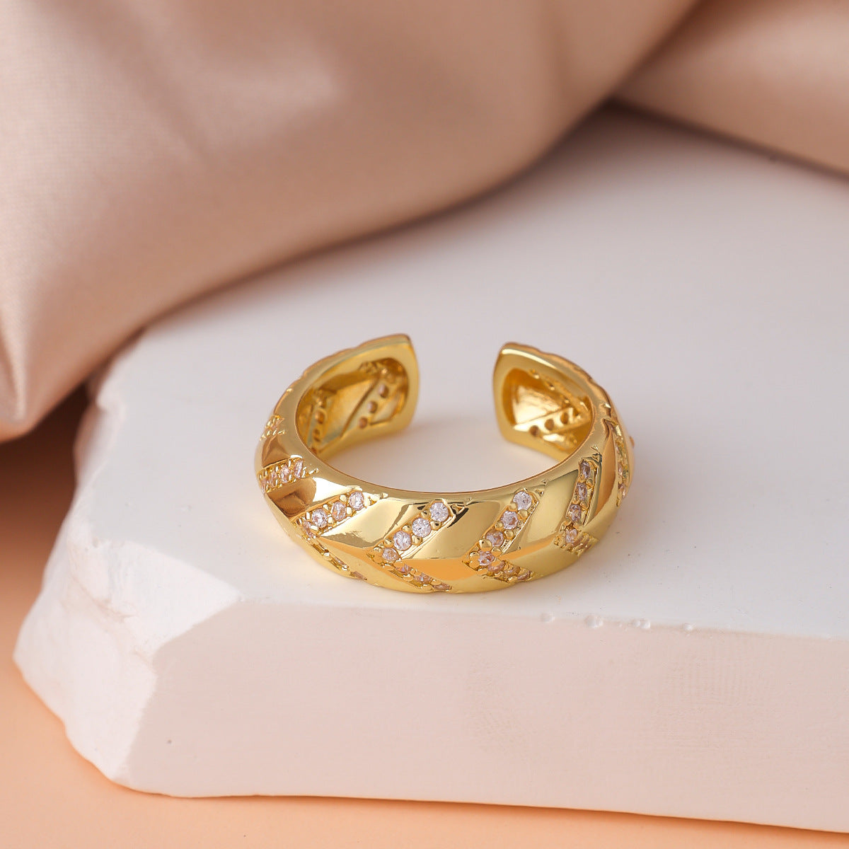 Geometric Open Rings For Women In Copper With Golden Plated Electroplated Finish Featuring Zircon Inlay