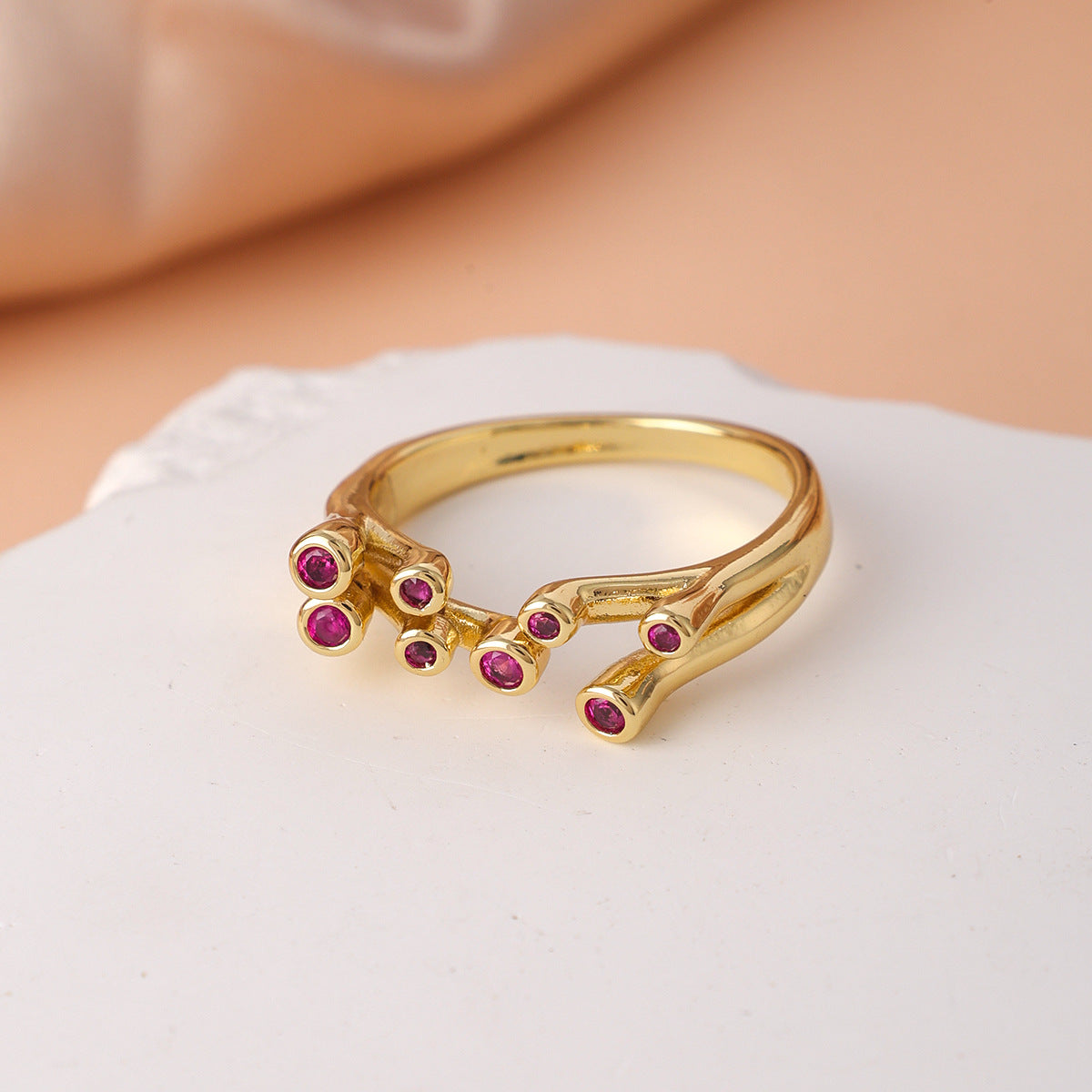 Geometric Open Rings For Women In Copper With Golden Plated Electroplated Finish Featuring Zircon Inlay