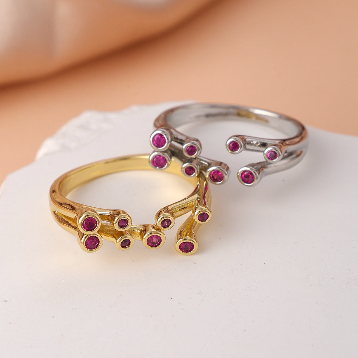 Geometric Open Rings For Women In Copper With Golden Plated Electroplated Finish Featuring Zircon Inlay