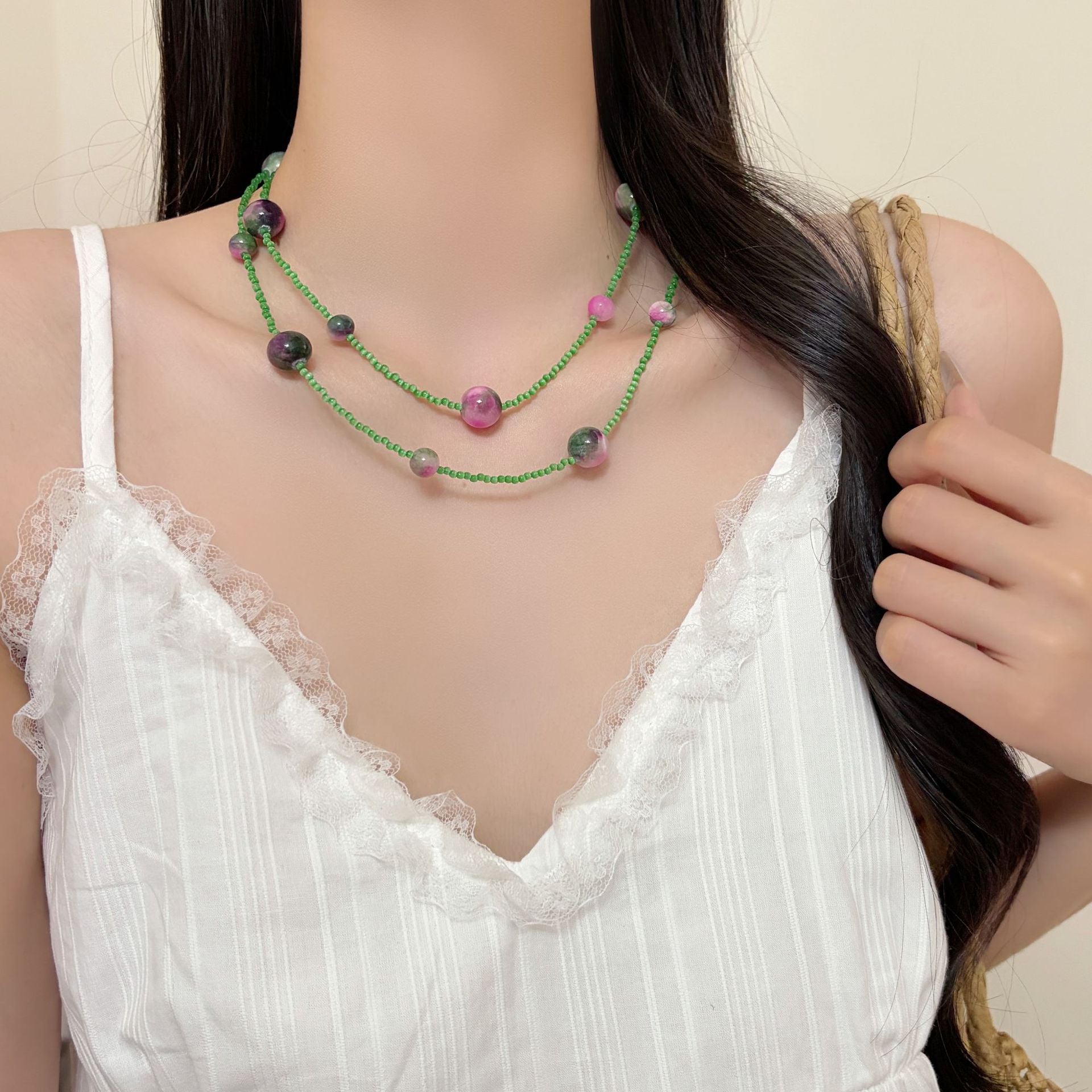 Elegant Handmade Green Color Block Long Necklace For Women With Beaded Chain And Beading Material