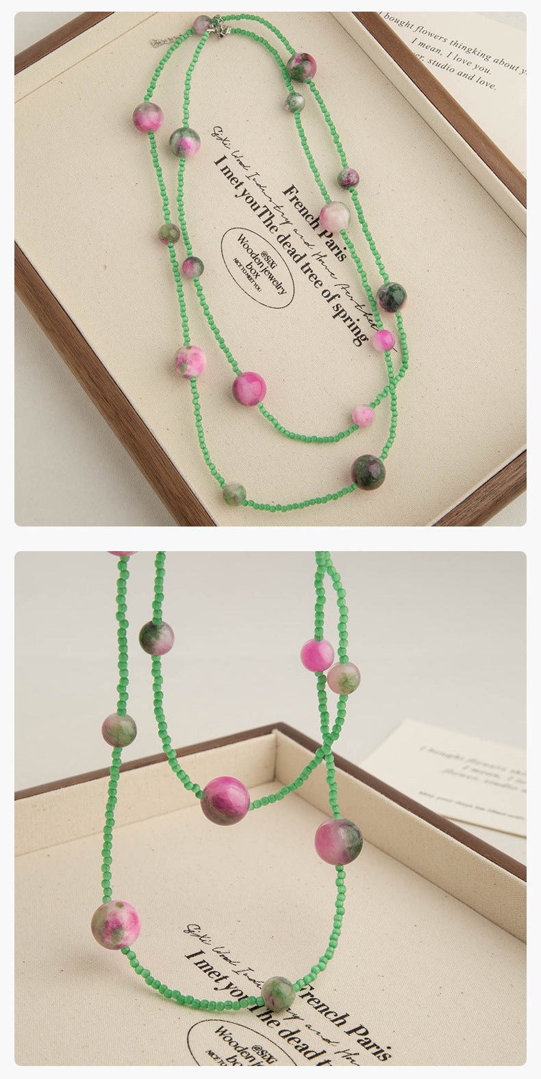 Elegant Handmade Green Color Block Long Necklace For Women With Beaded Chain And Beading Material
