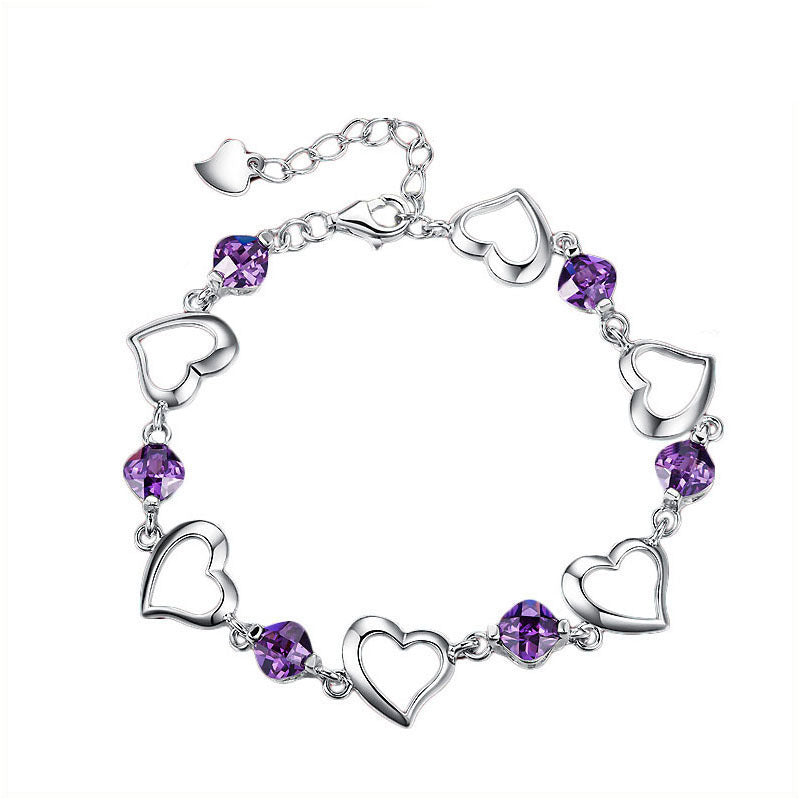Heart Shape Copper Bracelets With February Birthstone Amethyst Inlay, Purple, Perfect For Couple Birthday Gifts