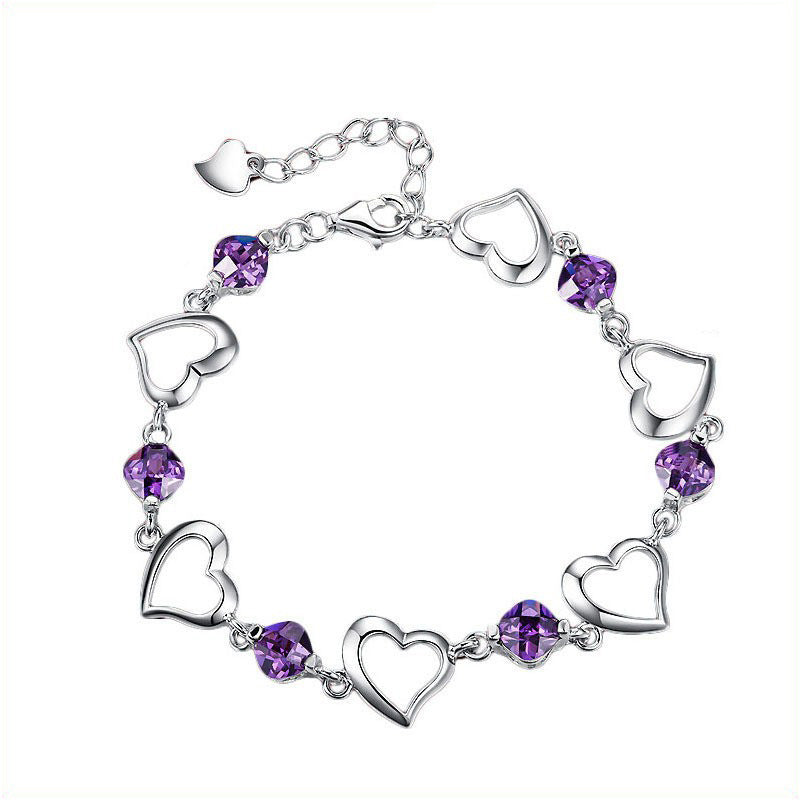 Heart Shape Copper Bracelets With February Birthstone Amethyst Inlay, Purple, Perfect For Couple Birthday Gifts