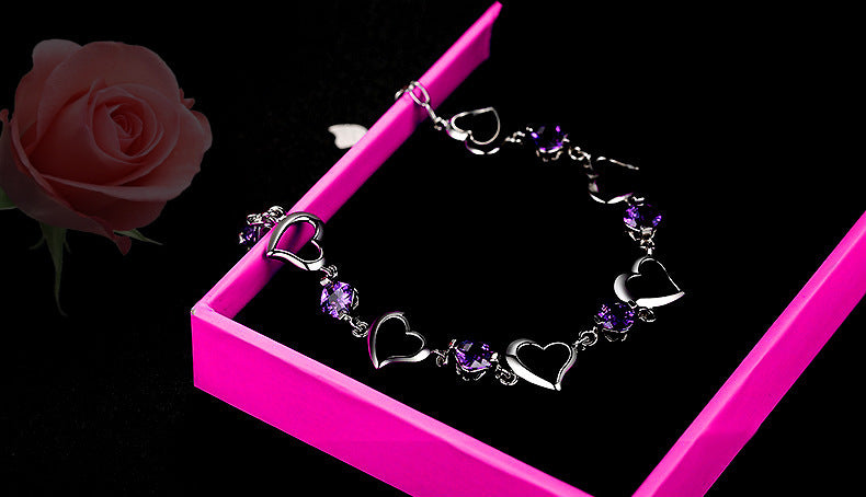 Heart Shape Copper Bracelets With February Birthstone Amethyst Inlay, Purple, Perfect For Couple Birthday Gifts
