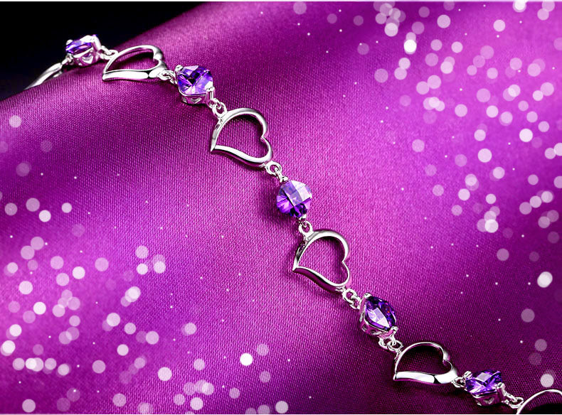Heart Shape Copper Bracelets With February Birthstone Amethyst Inlay, Purple, Perfect For Couple Birthday Gifts
