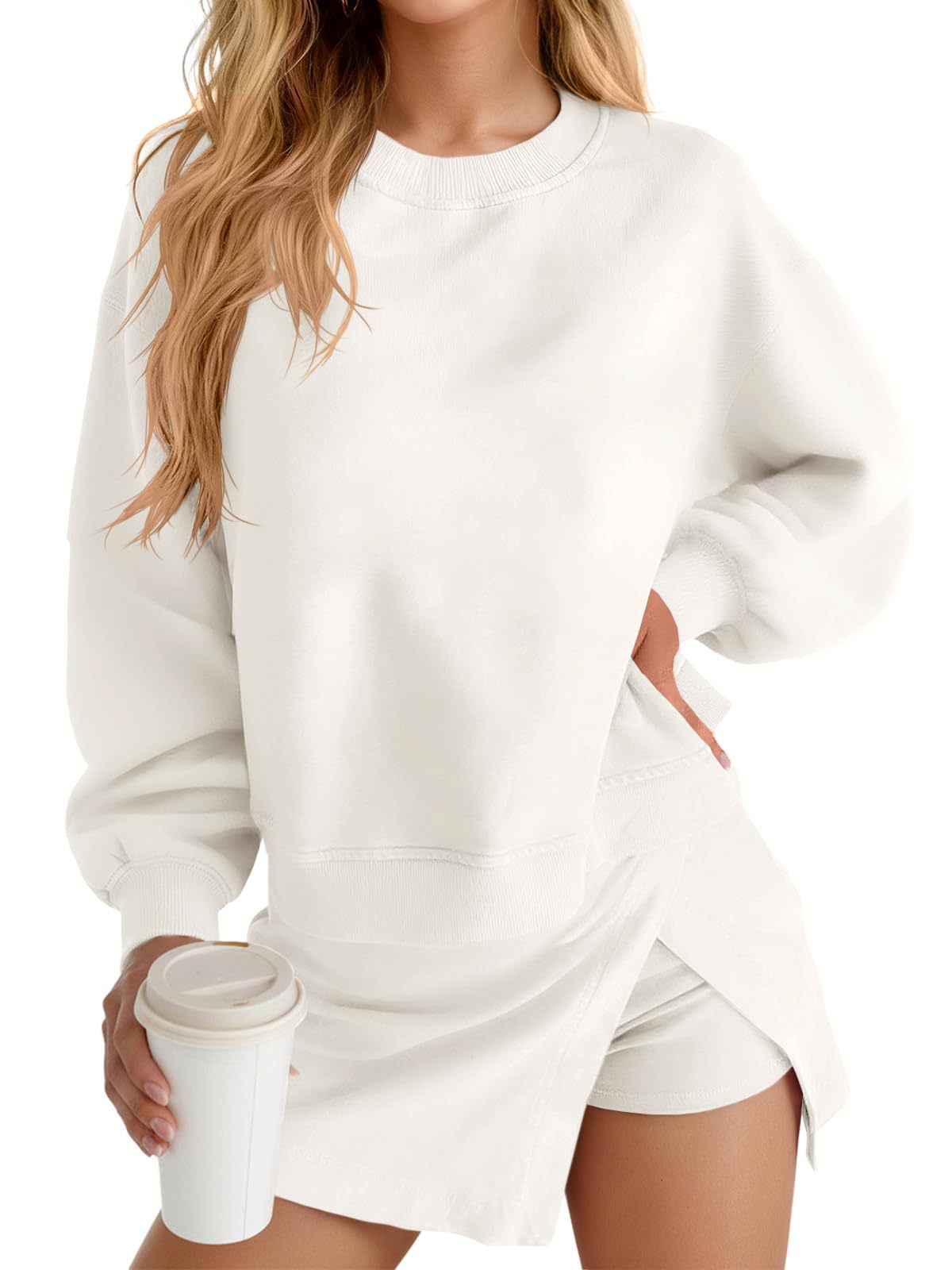 Solid Color Casual Long Sleeve Sweatshirt & Hoodie Co-ord Set In Knitted Polyester Fabric, 2 Pieces Set