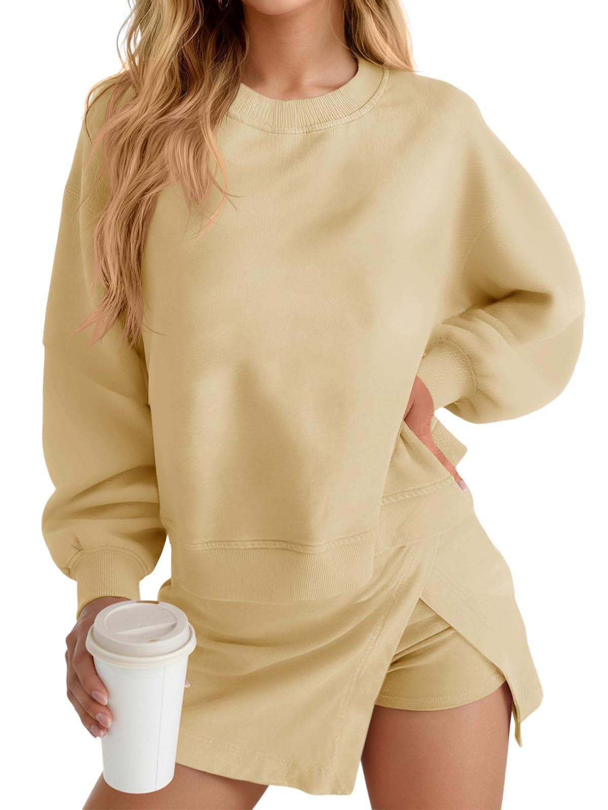 Solid Color Casual Long Sleeve Sweatshirt & Hoodie Co-ord Set In Knitted Polyester Fabric, 2 Pieces Set