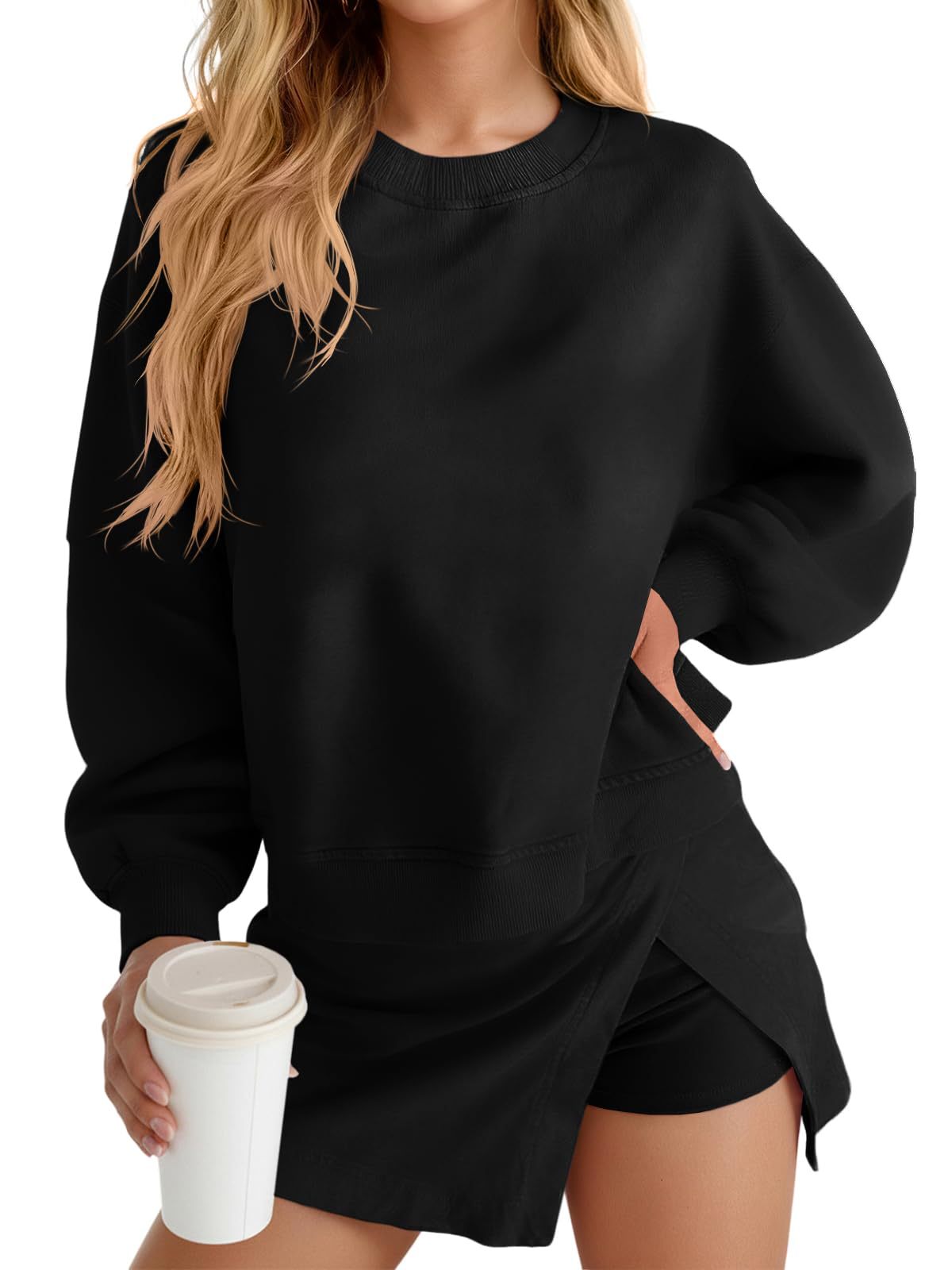 Solid Color Casual Long Sleeve Sweatshirt & Hoodie Co-ord Set In Knitted Polyester Fabric, 2 Pieces Set
