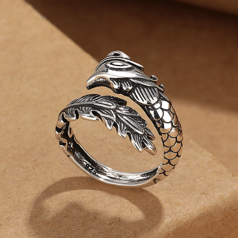 Dragon Copper Ring In Silver Featuring Ethnic Style Design For Unisex Wear