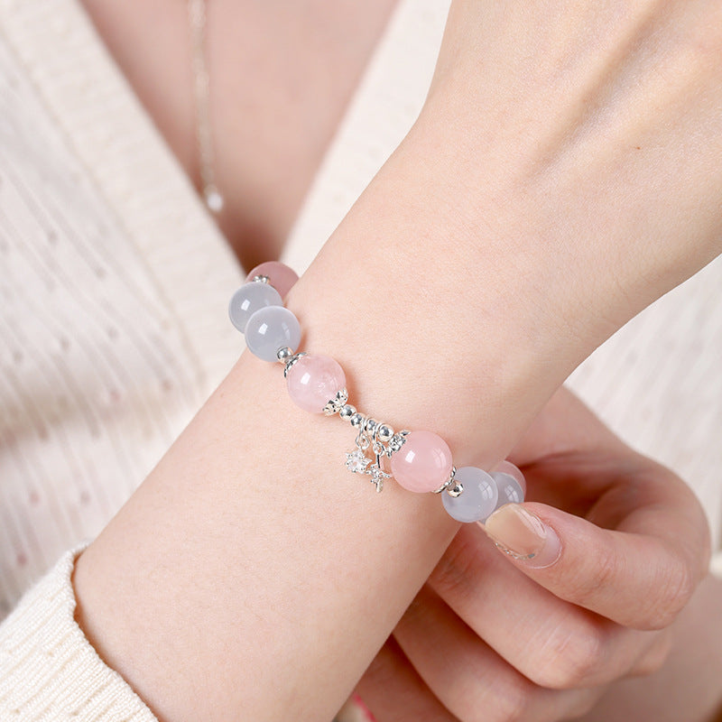 Ethnic Style Crystal Beaded Bracelet For Women With Natural Pink Cat's Eye Stone