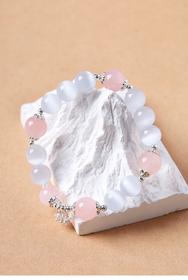 Ethnic Style Crystal Beaded Bracelet For Women With Natural Pink Cat's Eye Stone