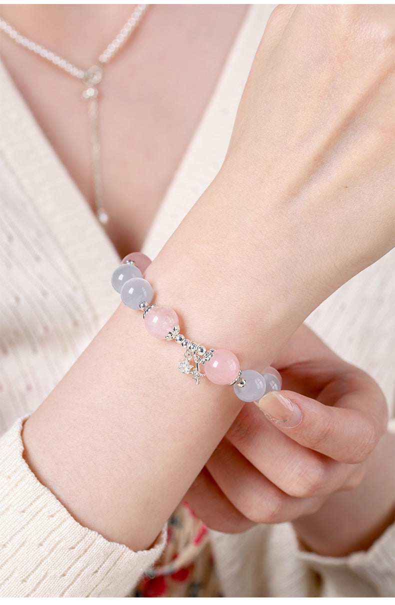 Ethnic Style Crystal Beaded Bracelet For Women With Natural Pink Cat's Eye Stone