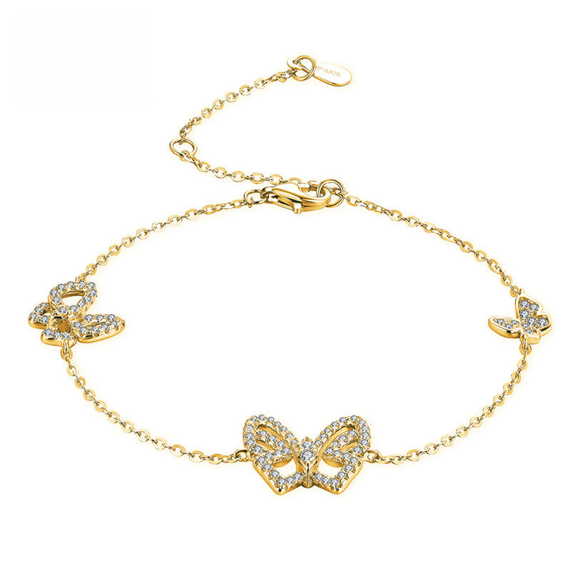 Sweet Butterfly 925 Sterling Silver Bracelet With 18K Gold Plated Finish And Moissanite Inlay, Slider Chain