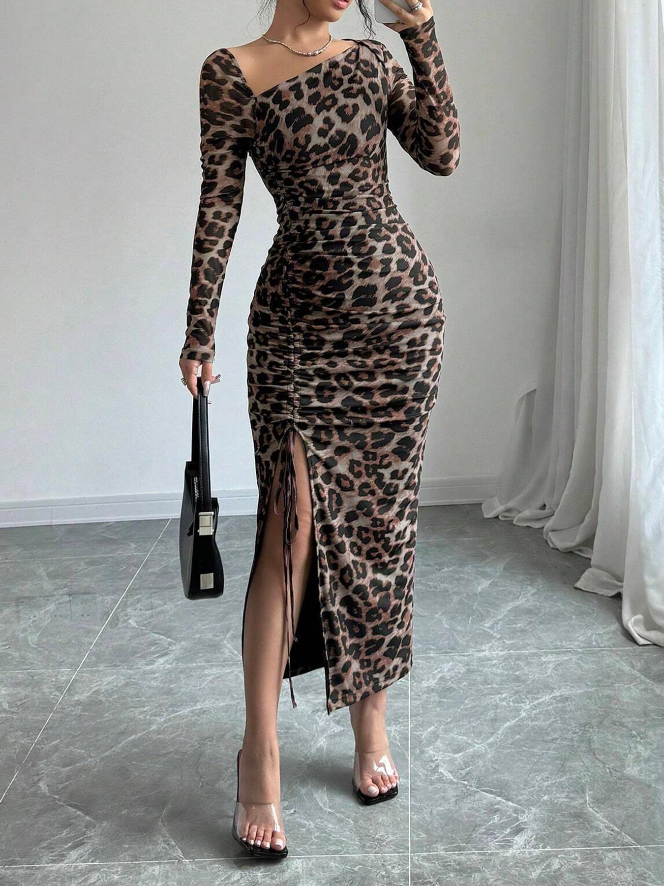 Leopard Print Sexy Bodycon Dress With Long Sleeve And Oblique Collar In Polyester Spandex For Business