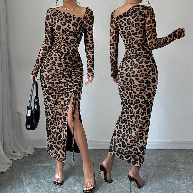 Leopard Print Sexy Bodycon Dress With Long Sleeve And Oblique Collar In Polyester Spandex For Business