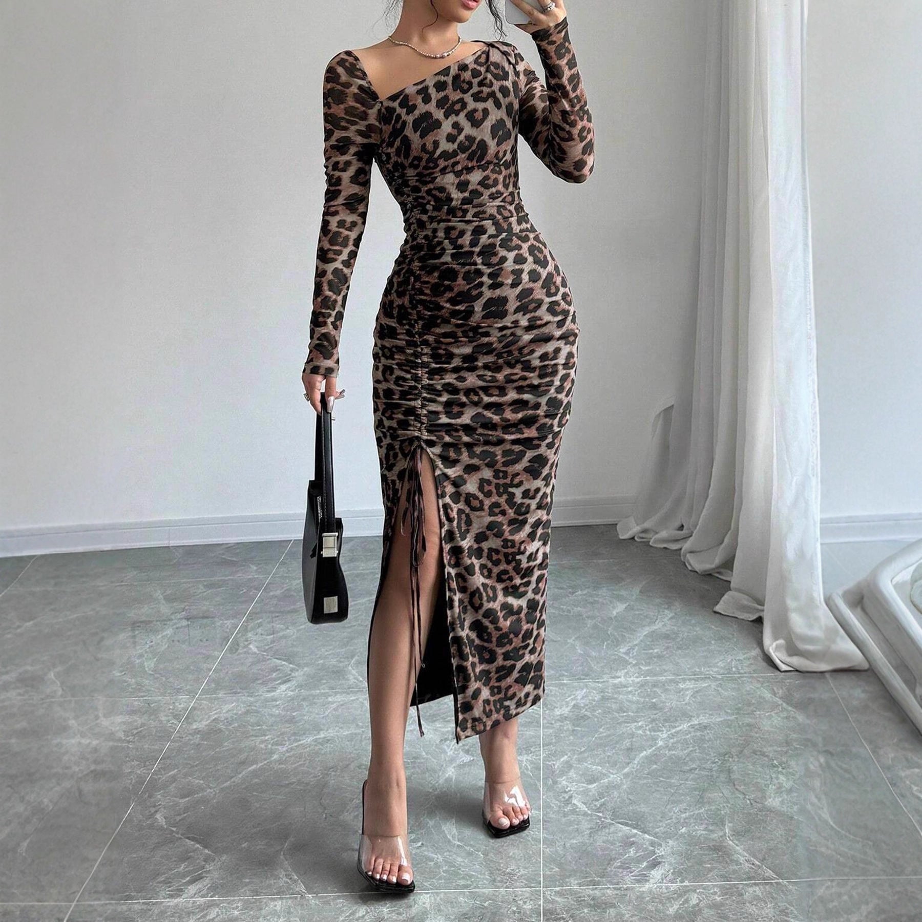 Leopard Print Sexy Bodycon Dress With Long Sleeve And Oblique Collar In Polyester Spandex For Business