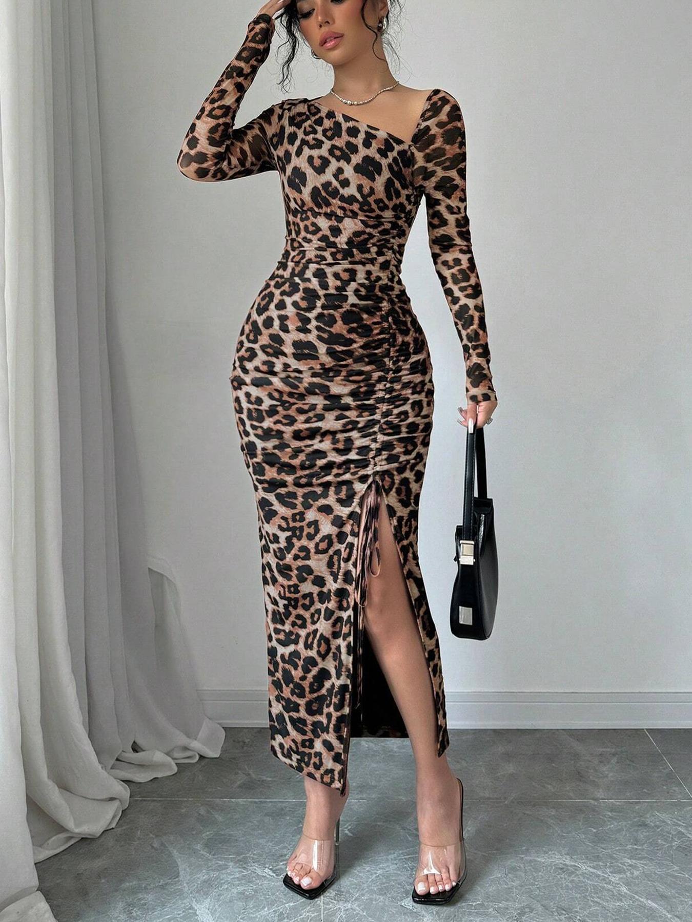 Leopard Print Sexy Bodycon Dress With Long Sleeve And Oblique Collar In Polyester Spandex For Business