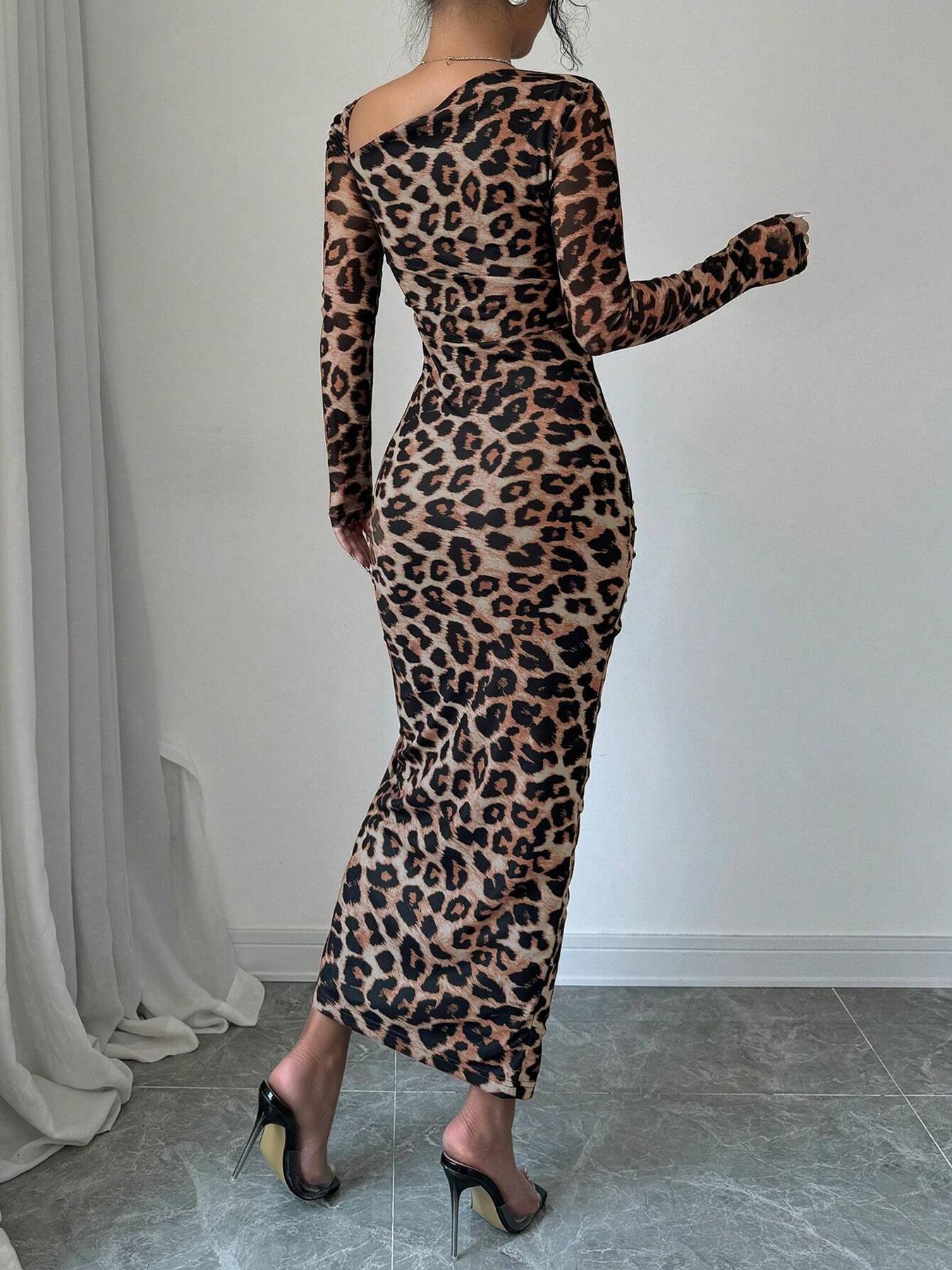 Leopard Print Sexy Bodycon Dress With Long Sleeve And Oblique Collar In Polyester Spandex For Business