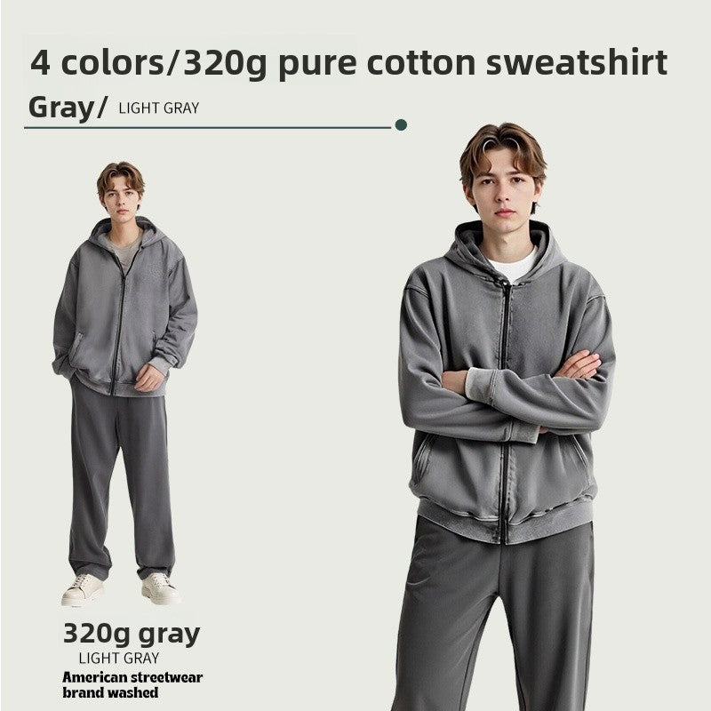 Men's Vintage Style Light Grey Long Sleeve Hoodie In Washed Cotton Fabric