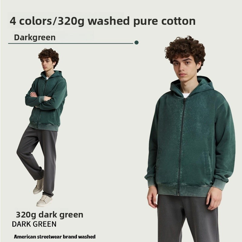 Men's Vintage Style Light Grey Long Sleeve Hoodie In Washed Cotton Fabric