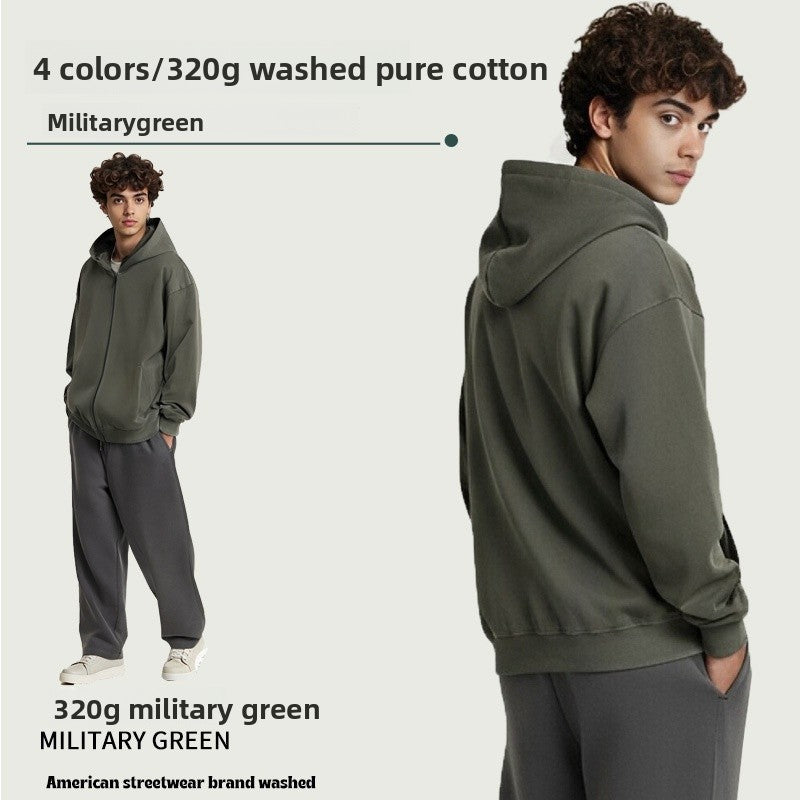 Men's Vintage Style Light Grey Long Sleeve Hoodie In Washed Cotton Fabric