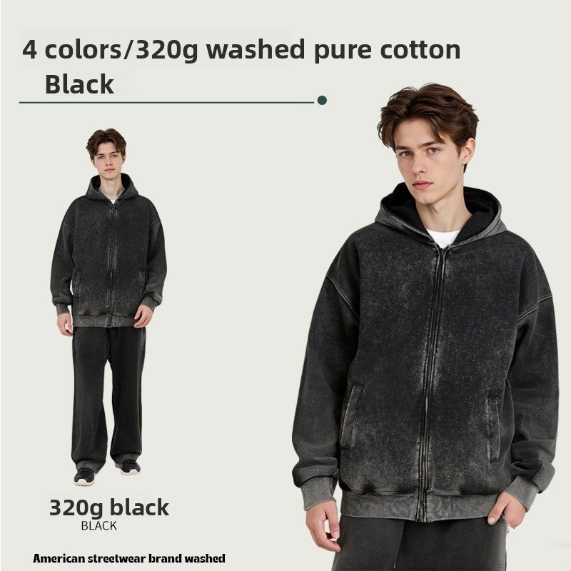 Men's Vintage Style Light Grey Long Sleeve Hoodie In Washed Cotton Fabric