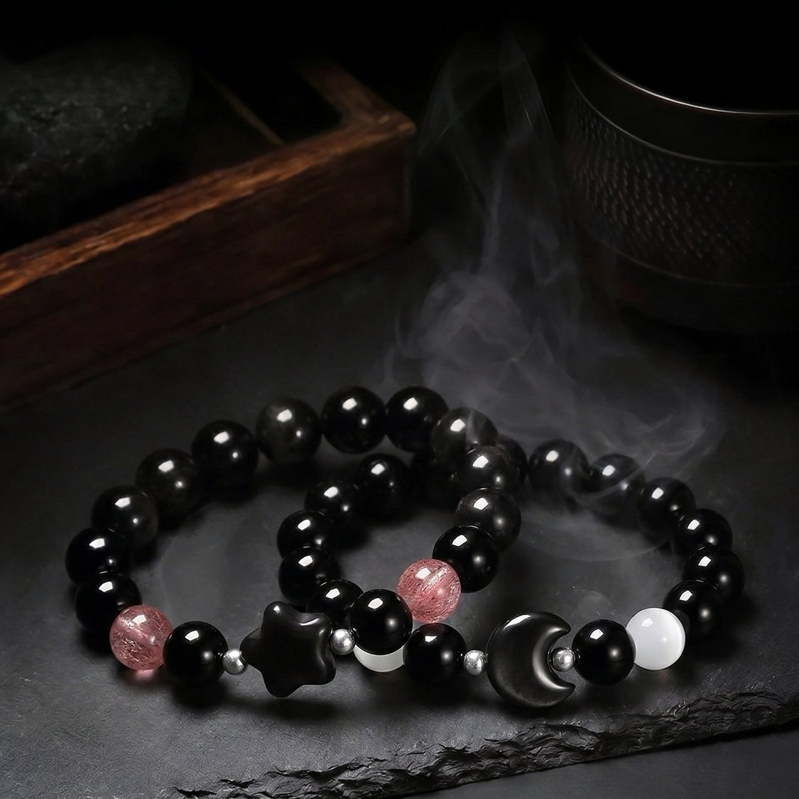 Couple Obsidian Beaded Star Pattern Bracelet In Dyed Black, Perfect Birthday Gift