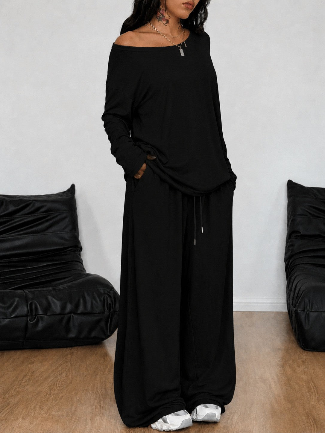 Casual Solid Color Wide Leg Pants Pant Co-ord Set In Polyester Featuring Printing, 2 Pieces Set