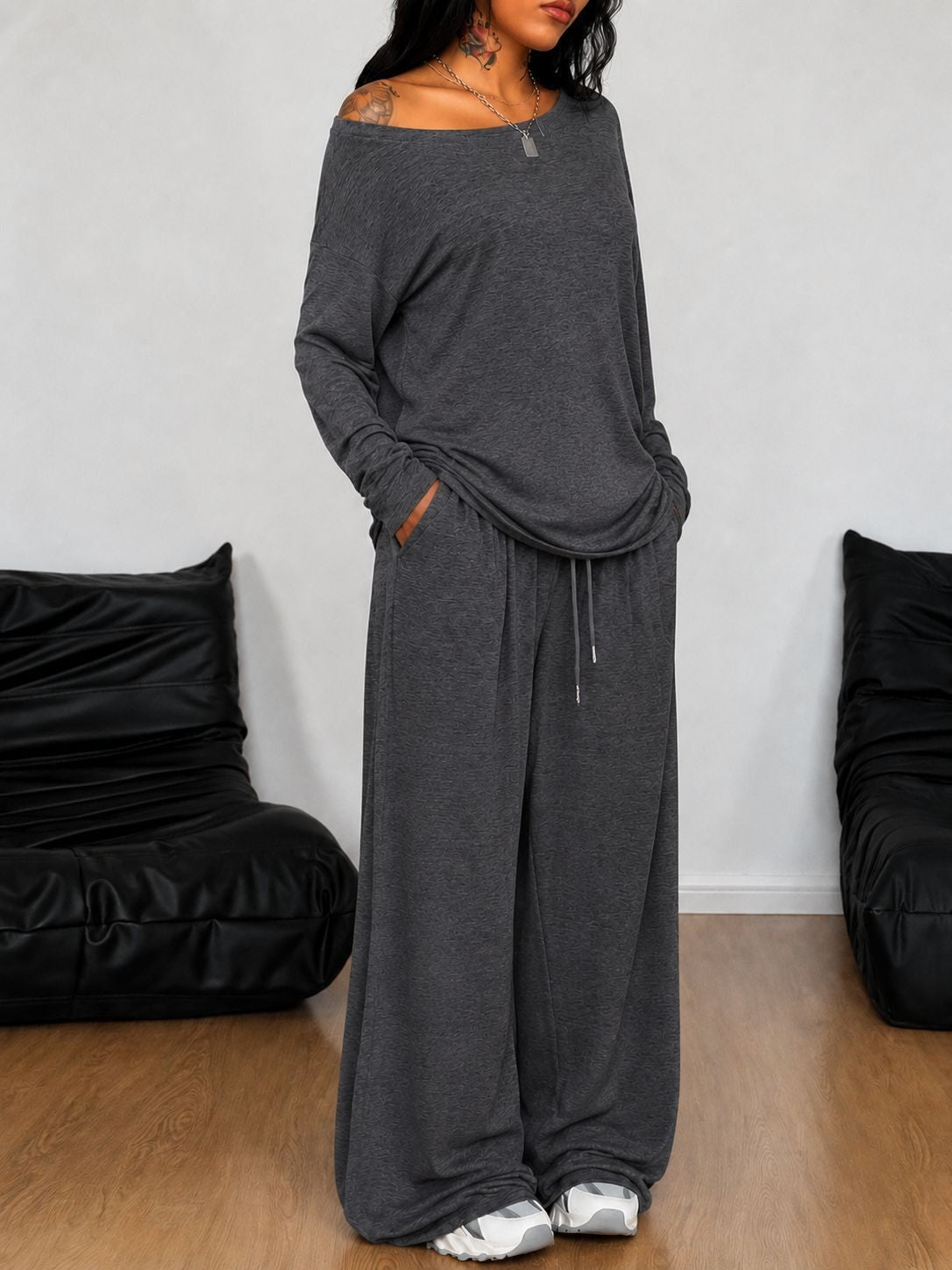 Casual Solid Color Wide Leg Pants Pant Co-ord Set In Polyester Featuring Printing, 2 Pieces Set
