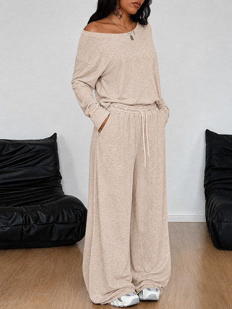 Casual Solid Color Wide Leg Pants Pant Co-ord Set In Polyester Featuring Printing, 2 Pieces Set