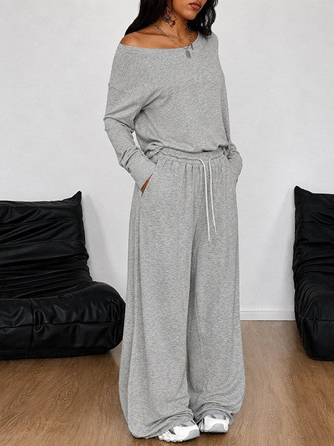 Casual Solid Color Wide Leg Pants Pant Co-ord Set In Polyester Featuring Printing, 2 Pieces Set