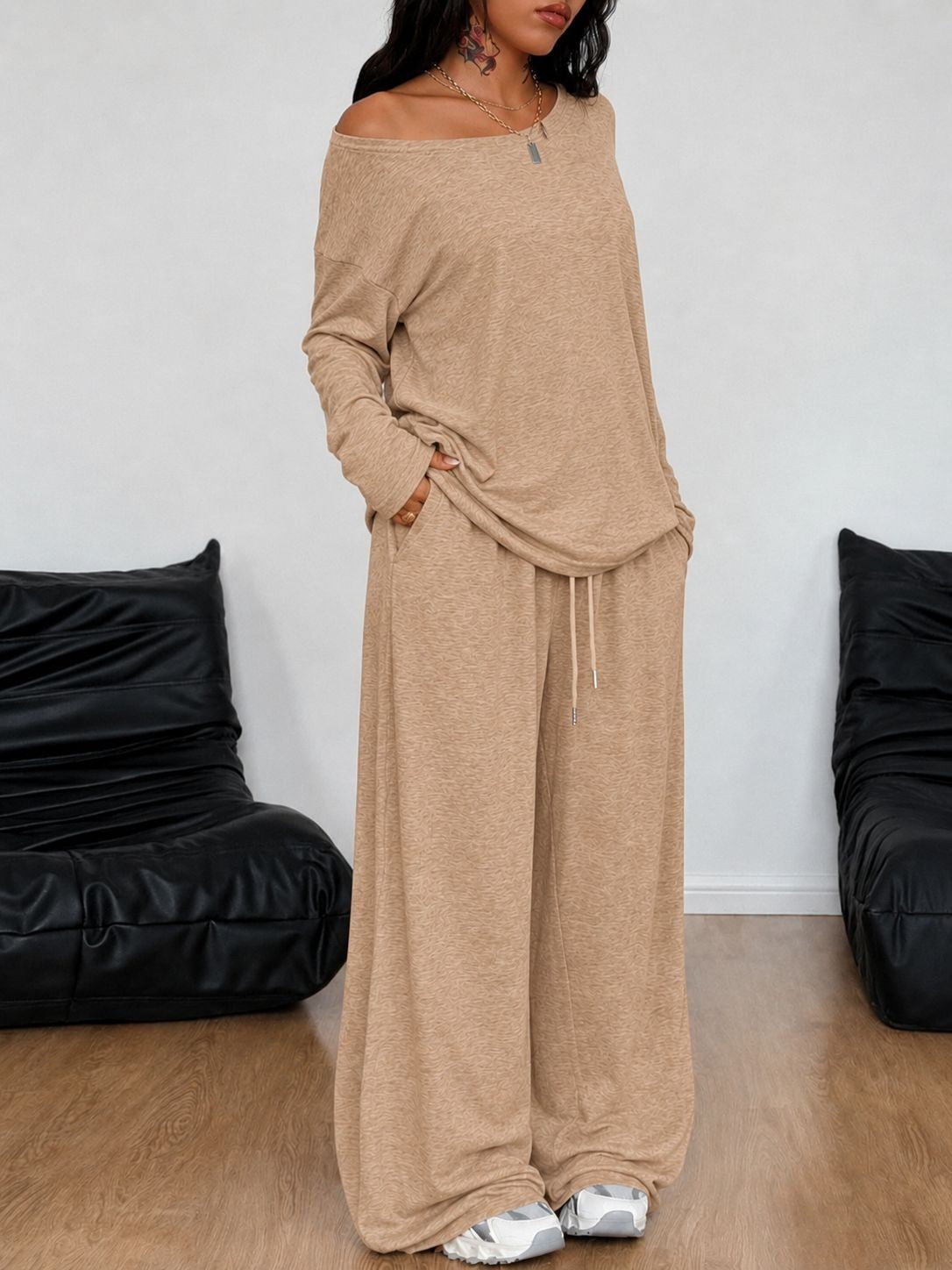 Casual Solid Color Wide Leg Pants Pant Co-ord Set In Polyester Featuring Printing, 2 Pieces Set