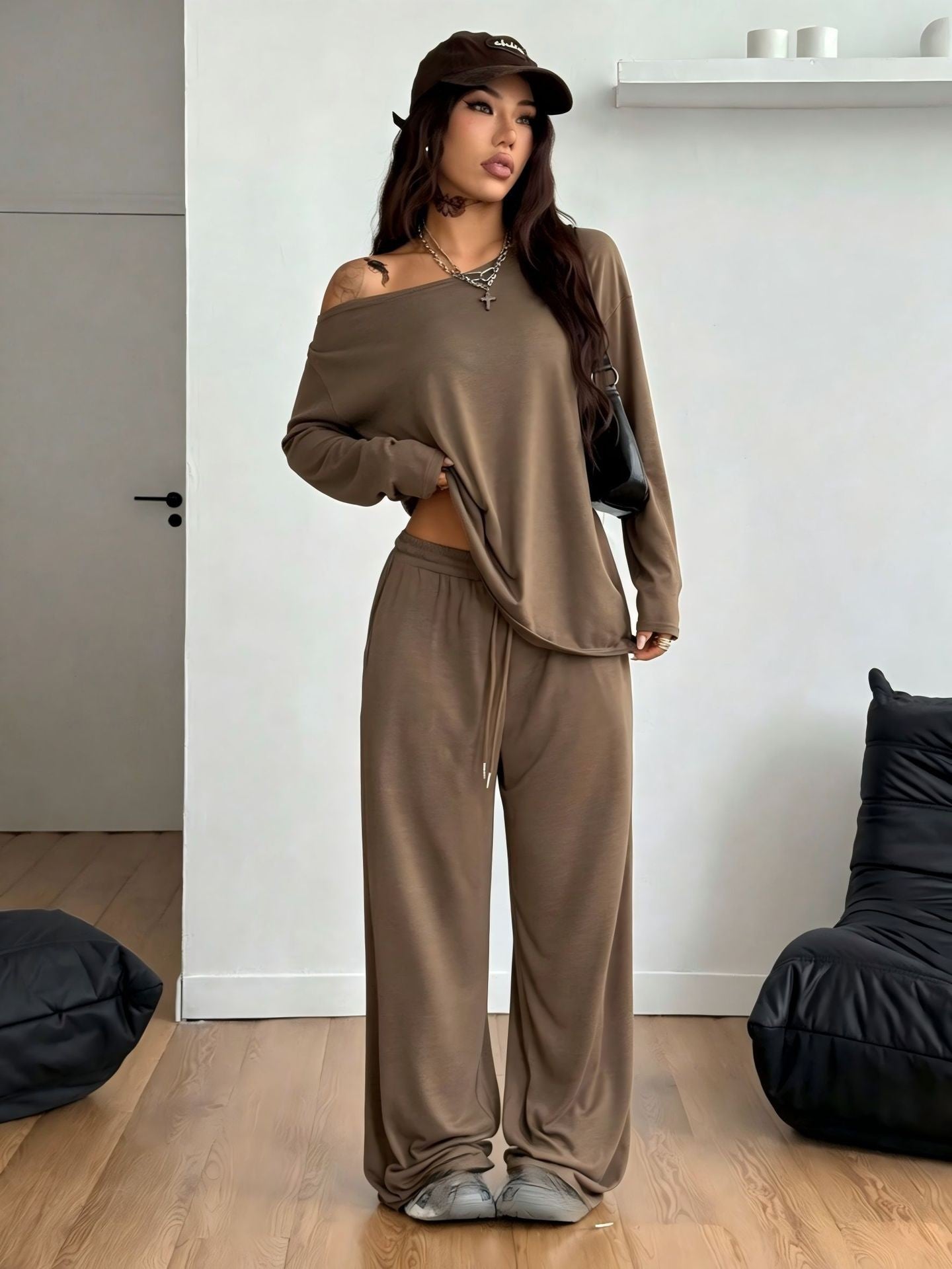 Casual Solid Color Wide Leg Pants Pant Co-ord Set In Polyester Featuring Printing, 2 Pieces Set