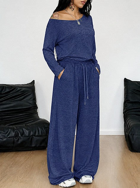 Casual Solid Color Wide Leg Pants Pant Co-ord Set In Polyester Featuring Printing, 2 Pieces Set