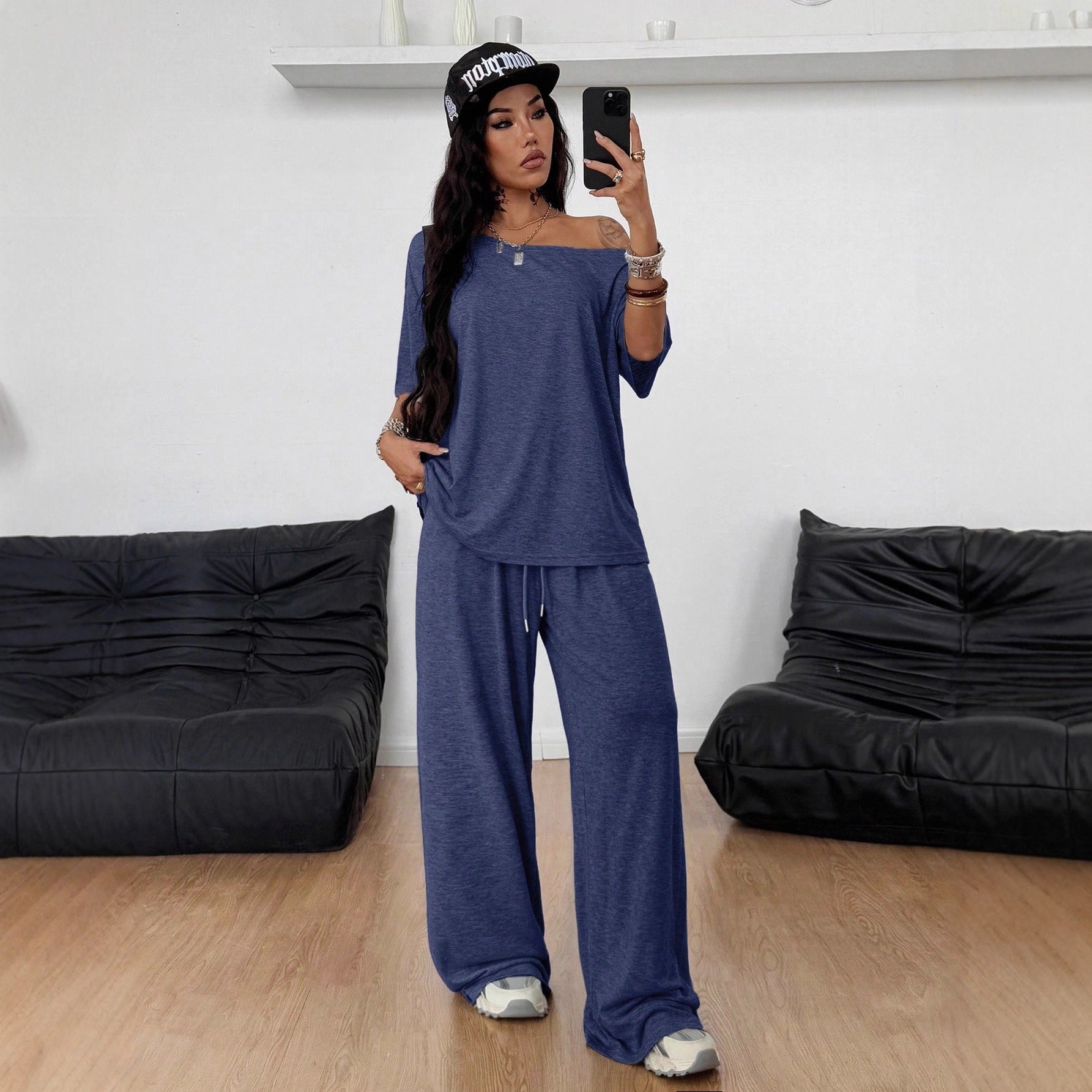 Casual Solid Color Wide Leg Pants Pant Co-ord Set In Polyester Featuring Printing, 2 Pieces Set